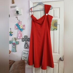 Tatyana Bettie Page Size 4x Red One Shoulder Swing Dress White Button UNICORN